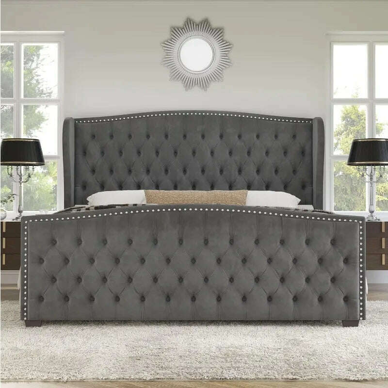 KIMLUD, Queen Size Platform Bed Frame, Velvet Upholstered Bed with Deep Button Tufted & Nailhead Trim Wingback Headboard, KIMLUD Womens Clothes