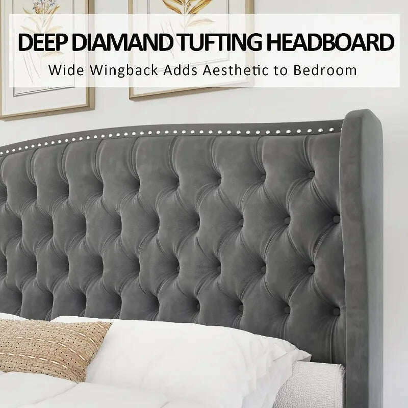 KIMLUD, Queen Size Platform Bed Frame, Velvet Upholstered Bed with Deep Button Tufted & Nailhead Trim Wingback Headboard, KIMLUD Womens Clothes