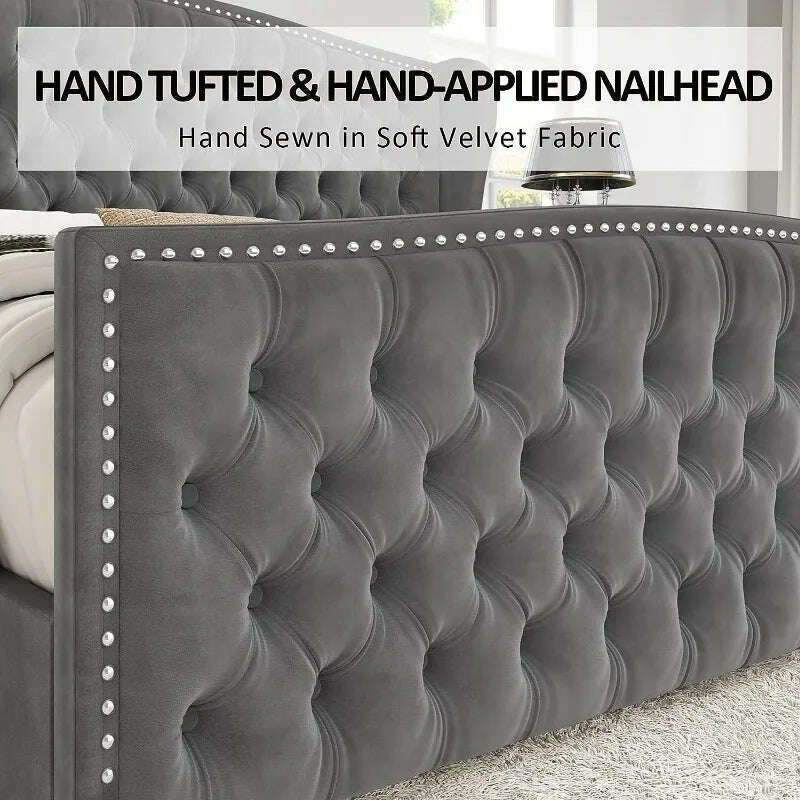 KIMLUD, Queen Size Platform Bed Frame, Velvet Upholstered Bed with Deep Button Tufted & Nailhead Trim Wingback Headboard, KIMLUD Womens Clothes