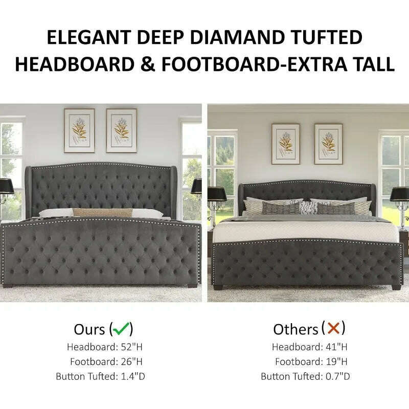 KIMLUD, Queen Size Platform Bed Frame, Velvet Upholstered Bed with Deep Button Tufted & Nailhead Trim Wingback Headboard, KIMLUD Womens Clothes