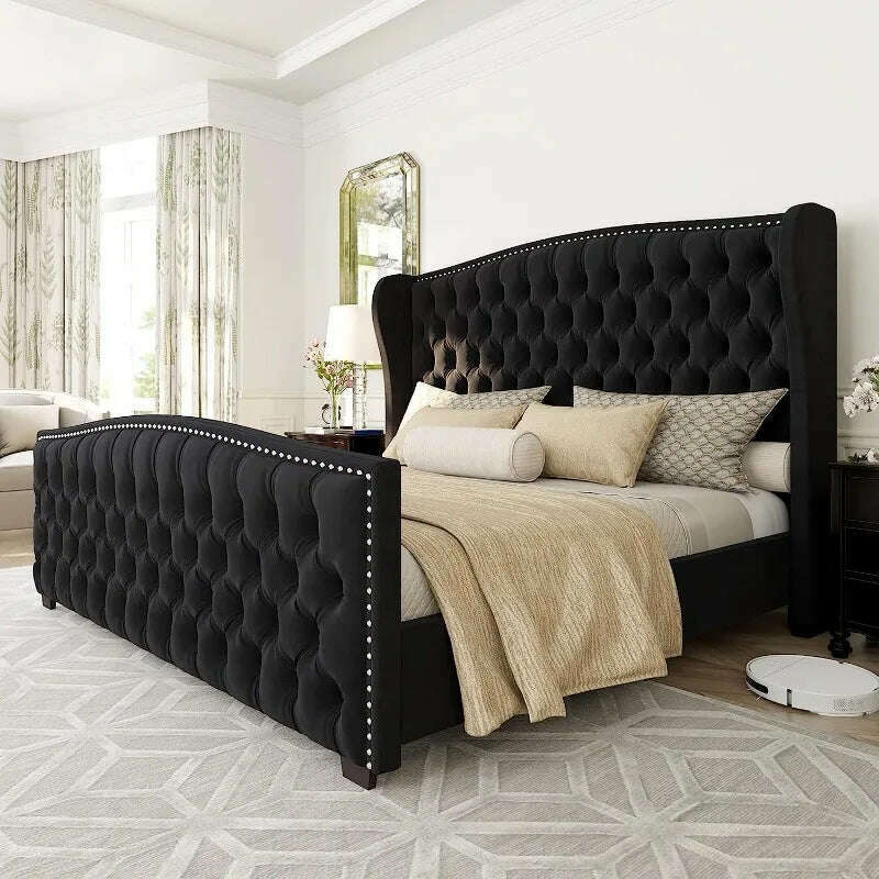 KIMLUD, Queen Size Platform Bed Frame, Velvet Upholstered Bed with Deep Button Tufted & Nailhead Trim Wingback Headboard, Black / United States, KIMLUD APPAREL - Womens Clothes