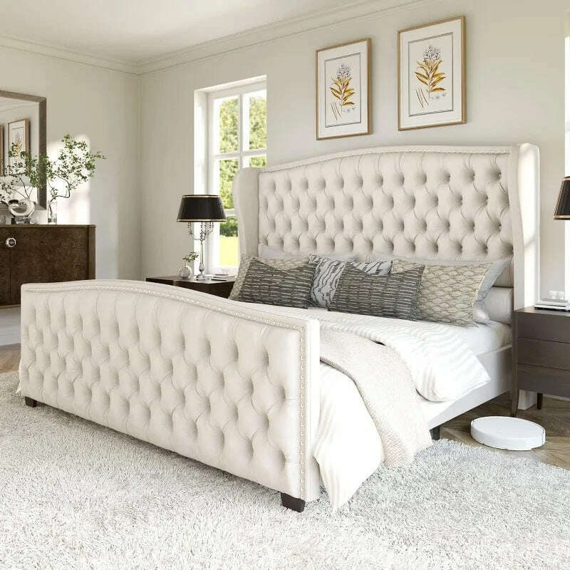 KIMLUD, Queen Size Platform Bed Frame, Velvet Upholstered Bed with Deep Button Tufted & Nailhead Trim Wingback Headboard, Cream / United States, KIMLUD APPAREL - Womens Clothes