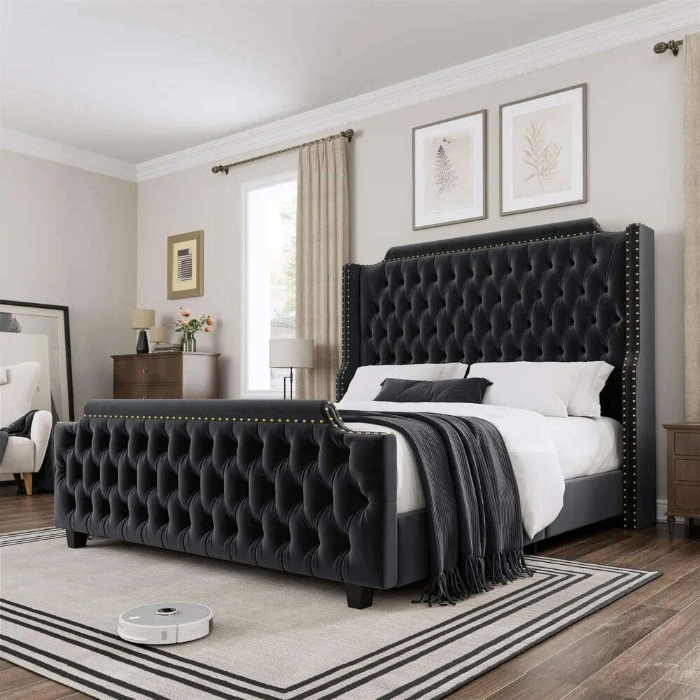 KIMLUD, Queen Size Platform Bed Frame with 54" Tall Wingback Headboard & Deep Button Tufted Footboard, Velvet Upholstered Bed Frame, KIMLUD Womens Clothes