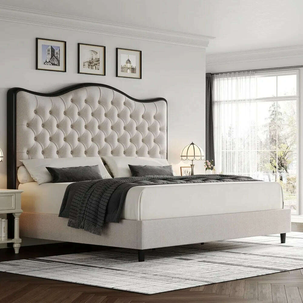 KIMLUD, Queen Size Platform Bed Frame with 55" Tall Curved Headboard, Linen Modern Upholstered Frame with Deep Tufted Button Black/Beige, KIMLUD Womens Clothes
