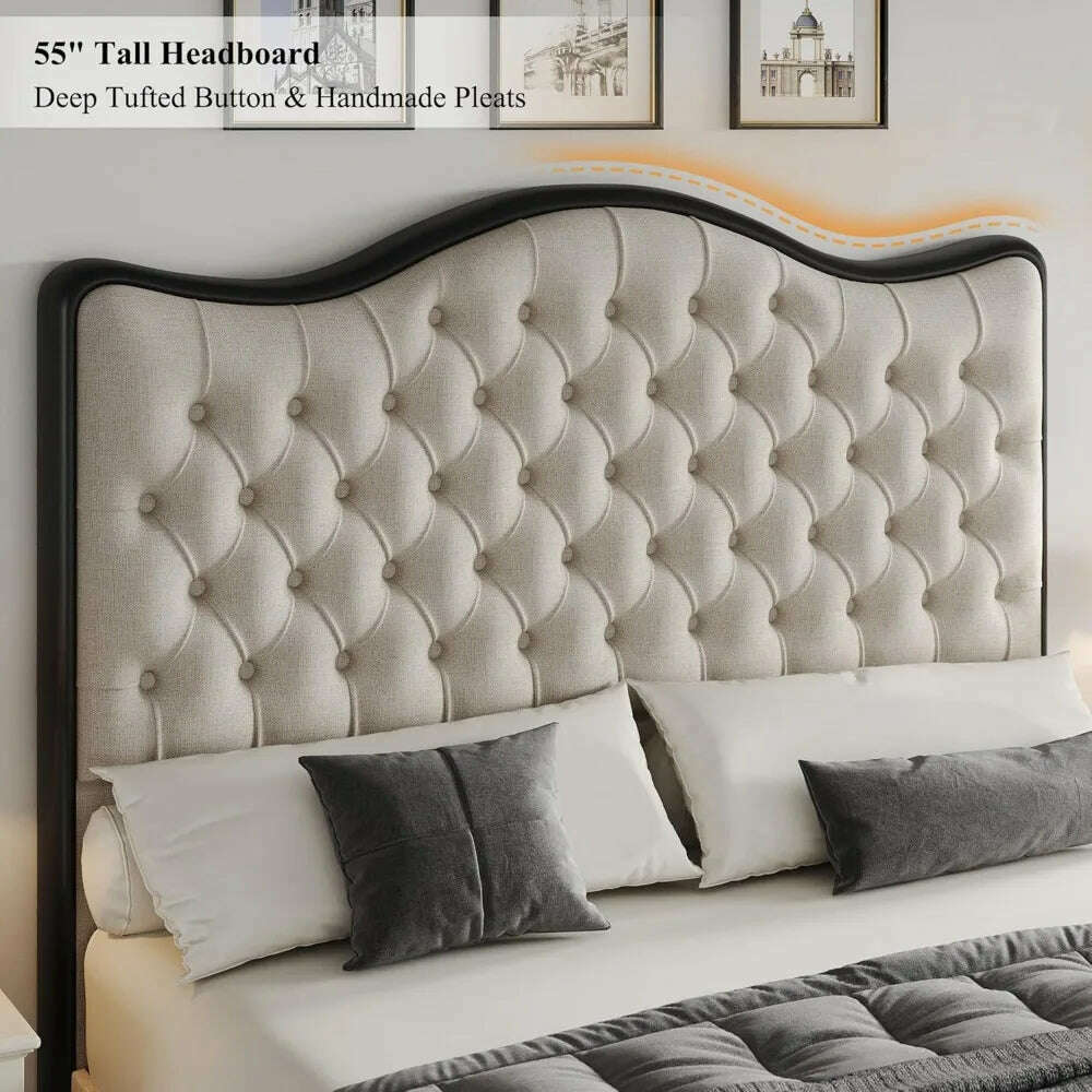 KIMLUD, Queen Size Platform Bed Frame with 55" Tall Curved Headboard, Linen Modern Upholstered Frame with Deep Tufted Button Black/Beige, KIMLUD Womens Clothes