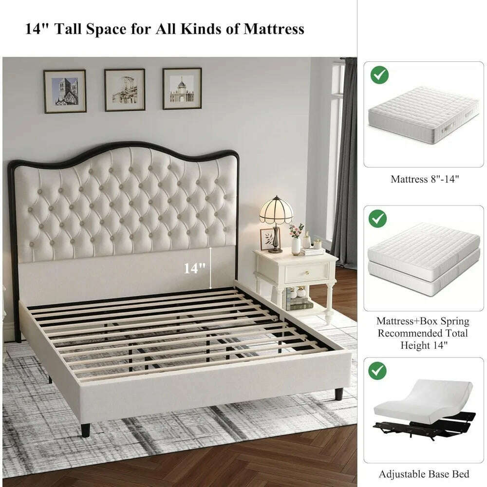 KIMLUD, Queen Size Platform Bed Frame with 55" Tall Curved Headboard, Linen Modern Upholstered Frame with Deep Tufted Button Black/Beige, KIMLUD Womens Clothes