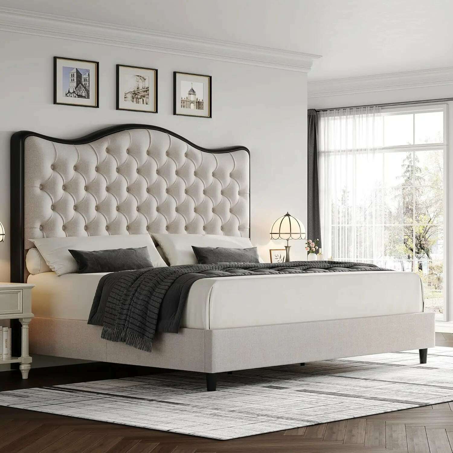 KIMLUD, Queen Size Platform Bed Frame with 55" Tall Curved Headboard, Linen Modern Upholstered Frame with Deep Tufted Button Black/Beige, KIMLUD Womens Clothes