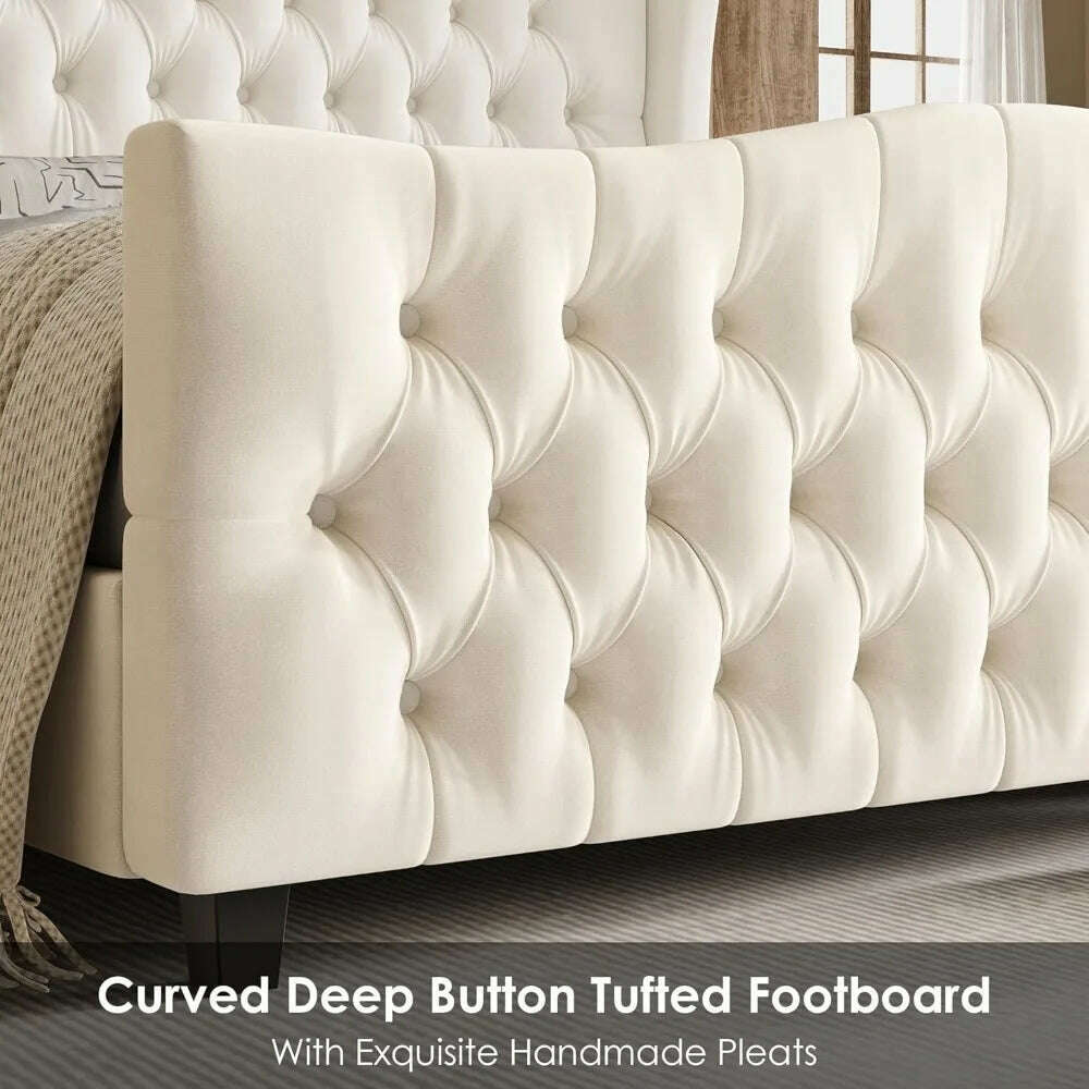 KIMLUD, Queen Size Tall Platform Bed Frame with Wingback Headboard and Footboard,Velvet Upholstered Bed Frame,No Box Spring Needed, KIMLUD Womens Clothes