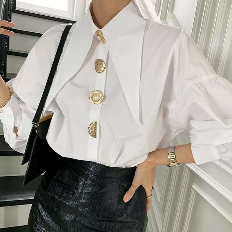 KIMLUD, QWEEK Comfort Women's Shirts Sharp Corner Lapel Fashion Lady Blouses Korean Style White All-match Long-sleeved Tops 2022 Autumn, KIMLUD Women's Clothes