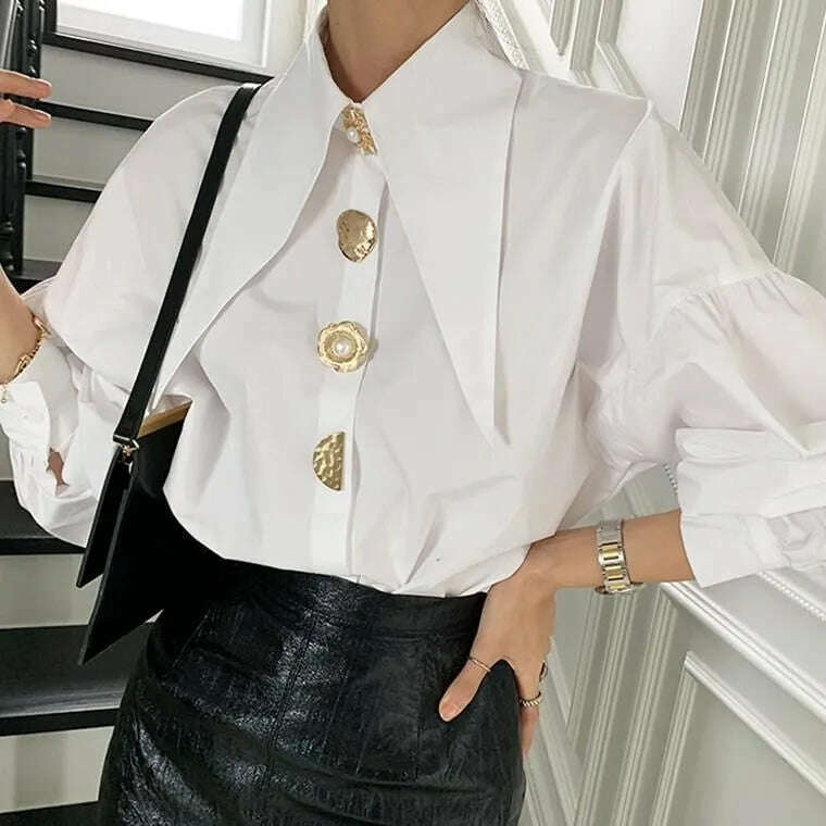 KIMLUD, QWEEK Comfort Women's Shirts Sharp Corner Lapel Fashion Lady Blouses Korean Style White All-match Long-sleeved Tops 2022 Autumn, white / L, KIMLUD Womens Clothes