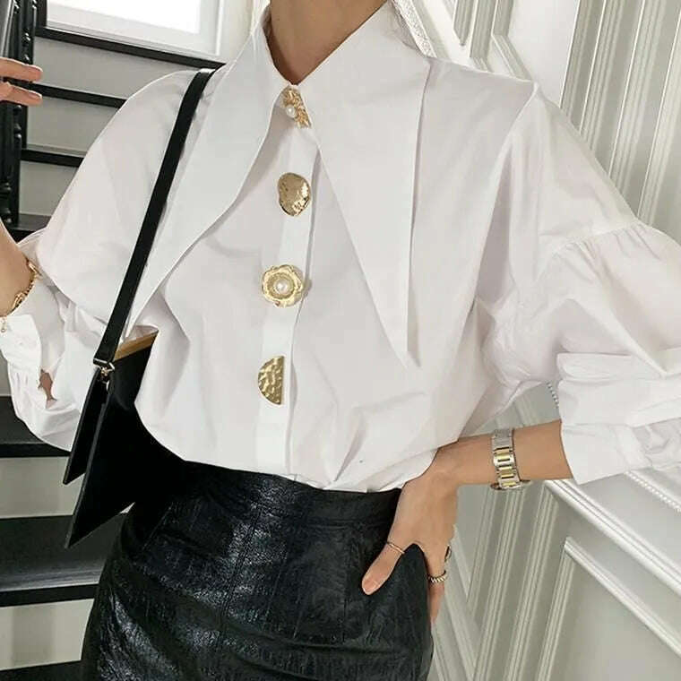 KIMLUD, QWEEK Comfort Women's Shirts Sharp Corner Lapel Fashion Lady Blouses Korean Style White All-match Long-sleeved Tops 2022 Autumn, white / L, KIMLUD APPAREL - Womens Clothes