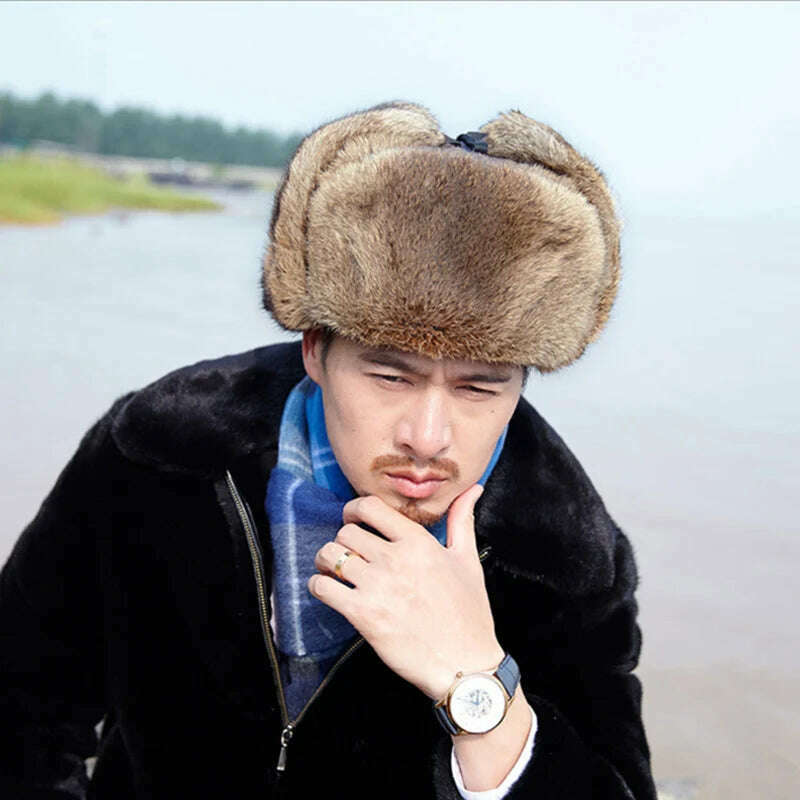 Rabbit Fur Cap Man Winter Genuine 100% Fur Bomber Hat Windproof Warm Earmuffs Male Flat Grey/Black Russian Hat Fitted Casquette - KIMLUD