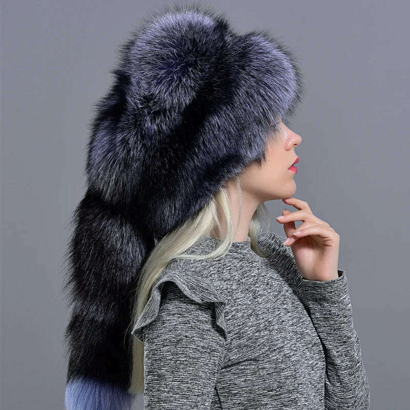 Raglaido real fox fur hats for women winter fashionable stylish Russian thick warm beanie hat natural fluffy fur hat with tail - KIMLUD