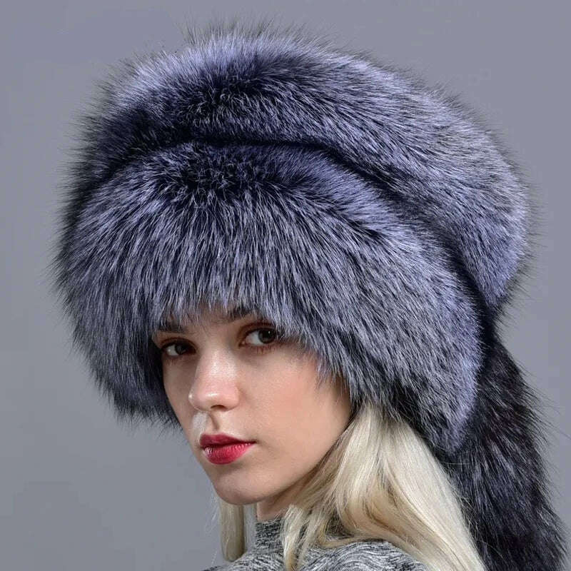KIMLUD, Raglaido real fox fur hats for women winter fashionable stylish Russian thick warm beanie hat natural fluffy fur hat with tail, KIMLUD Women's Clothes