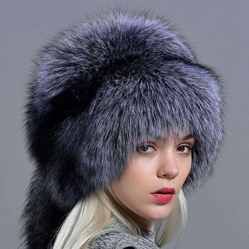 KIMLUD, Raglaido real fox fur hats for women winter fashionable stylish Russian thick warm beanie hat natural fluffy fur hat with tail, KIMLUD Women's Clothes