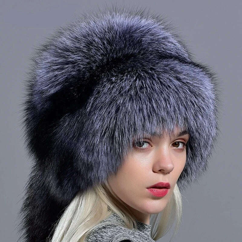 KIMLUD, Raglaido real fox fur hats for women winter fashionable stylish Russian thick warm beanie hat natural fluffy fur hat with tail, KIMLUD Womens Clothes