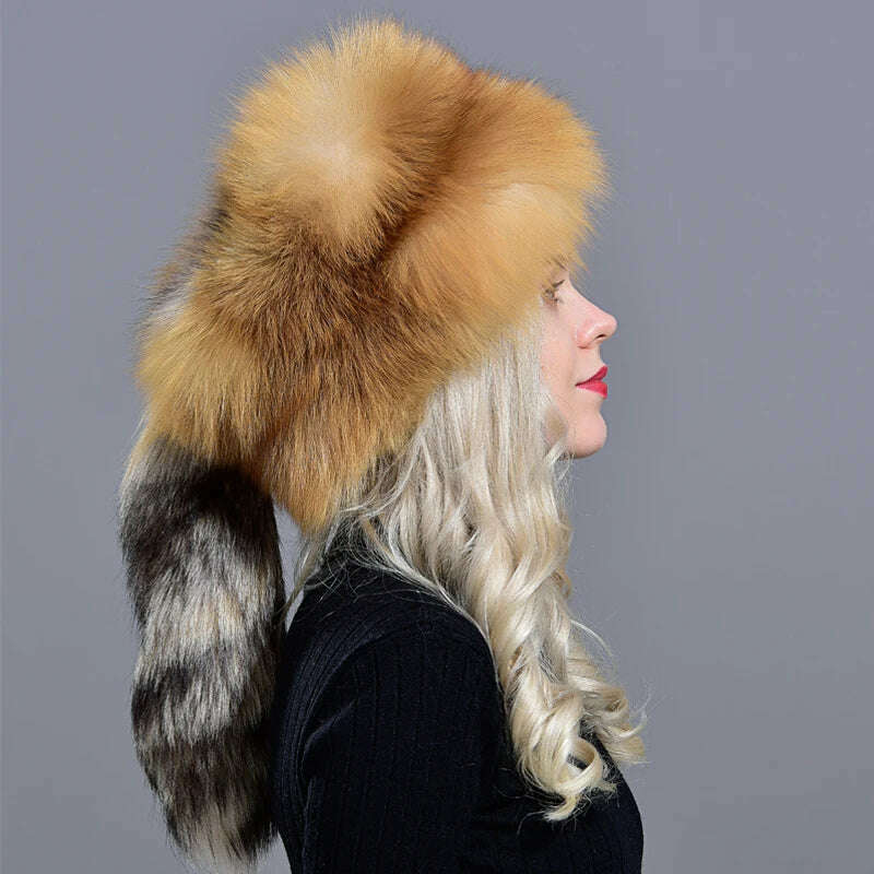 KIMLUD, Raglaido real fox fur hats for women winter fashionable stylish Russian thick warm beanie hat natural fluffy fur hat with tail, RG-02, KIMLUD Women's Clothes