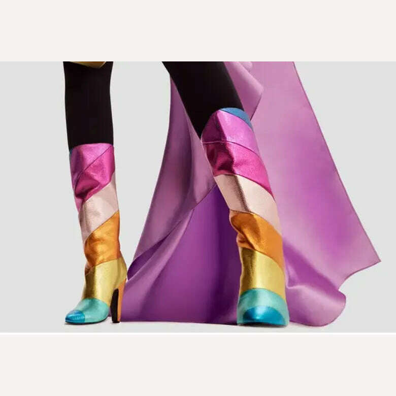 KIMLUD, Rainbow Colorful Pointed Toe Knee High Boots Block Heels Slip-Ob Mixed Color Sewing Spring Women Bright Shiny Leather Shoes, KIMLUD Women's Clothes