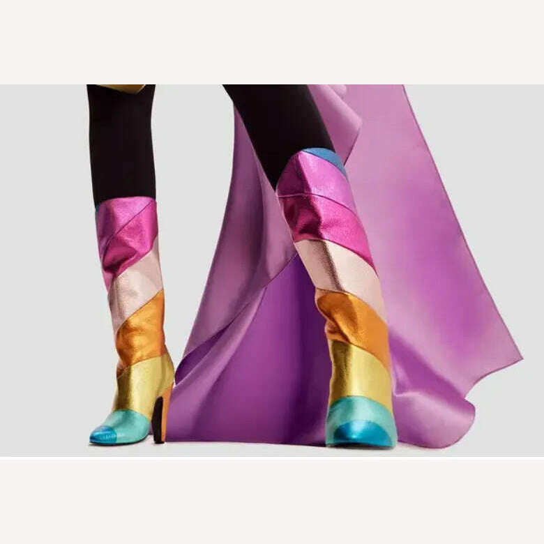 Rainbow Colorful Pointed Toe Knee High Boots Block Heels Slip-Ob Mixed Color Sewing Spring Women Bright Shiny Leather Shoes - KIMLUD