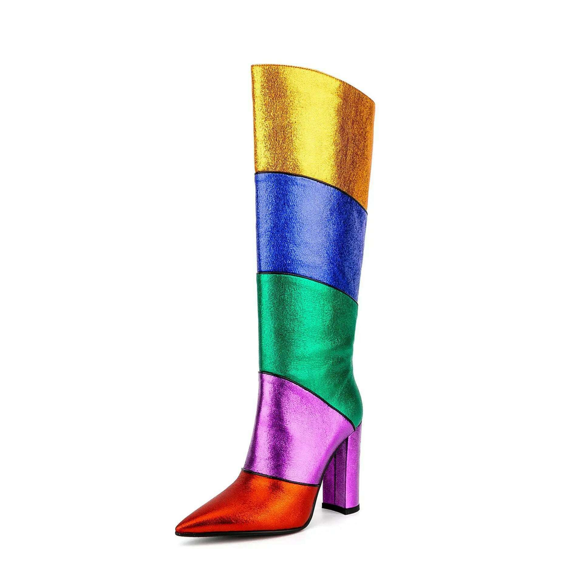KIMLUD, Rainbow Colorful Pointed Toe Knee High Boots Block Heels Slip-Ob Mixed Color Sewing Spring Women Bright Shiny Leather Shoes, multi / 34 / China, KIMLUD Women's Clothes