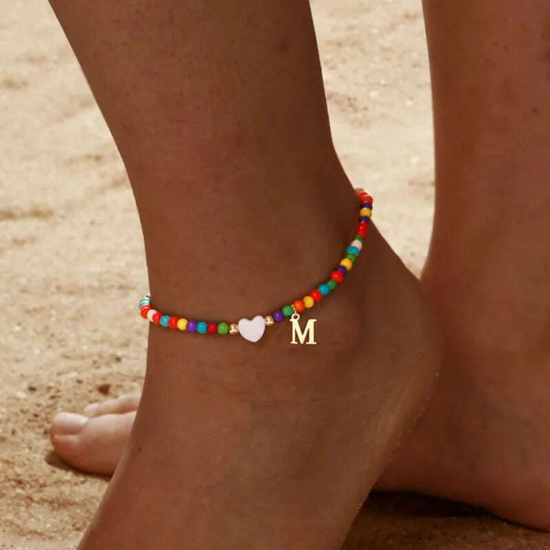 Rainbow Round Beads Anklet Stainless Steel Love Heart 26 Letters A-Z Pendant Anklets For Women Boho Gold Color Ankle Bracelet - KIMLUD