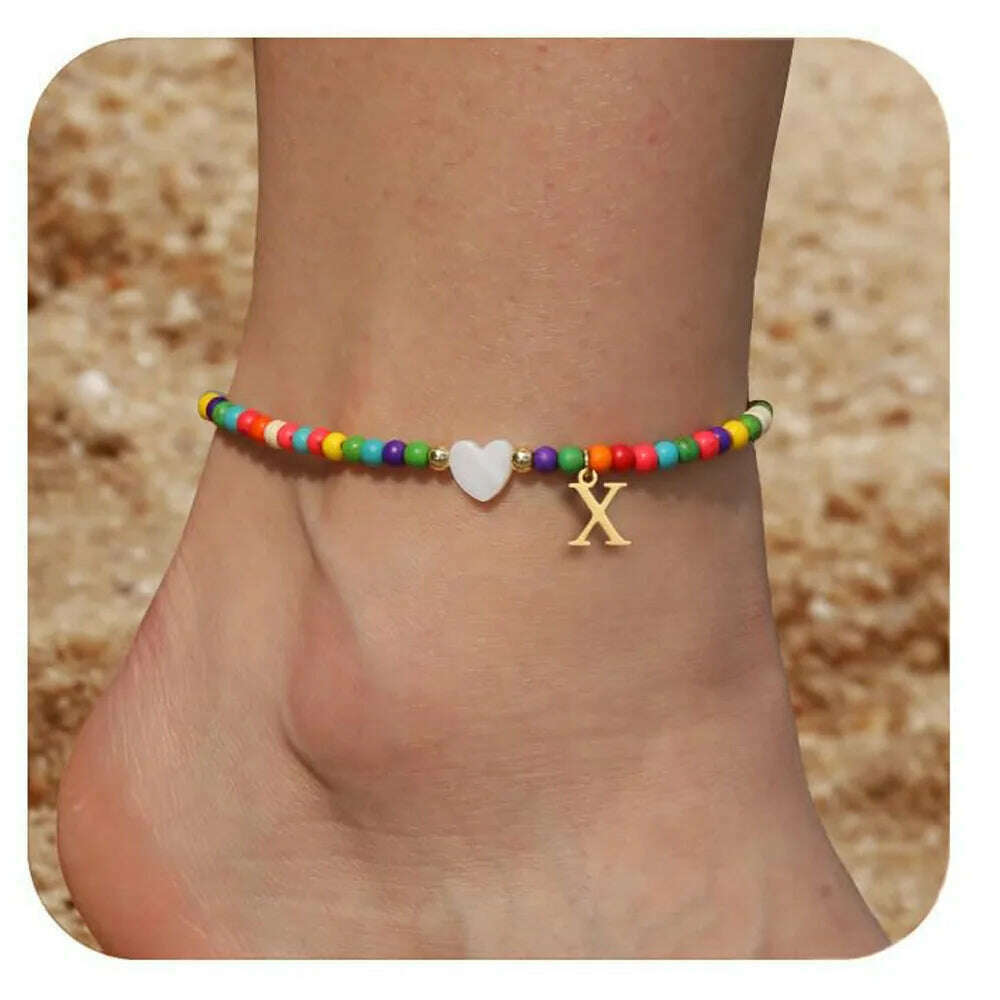 Rainbow Round Beads Anklet Stainless Steel Love Heart 26 Letters A-Z Pendant Anklets For Women Boho Gold Color Ankle Bracelet - KIMLUD