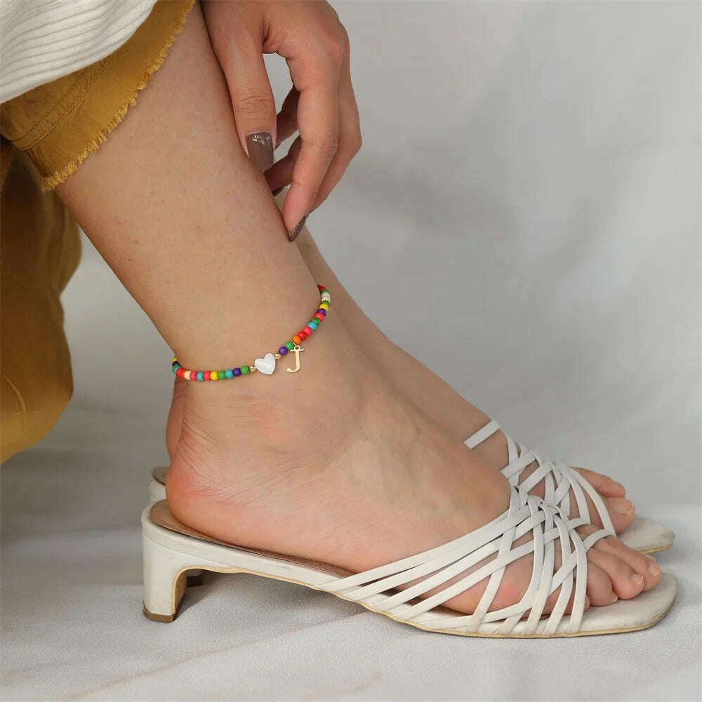 Rainbow Round Beads Anklet Stainless Steel Love Heart 26 Letters A-Z Pendant Anklets For Women Boho Gold Color Ankle Bracelet - KIMLUD