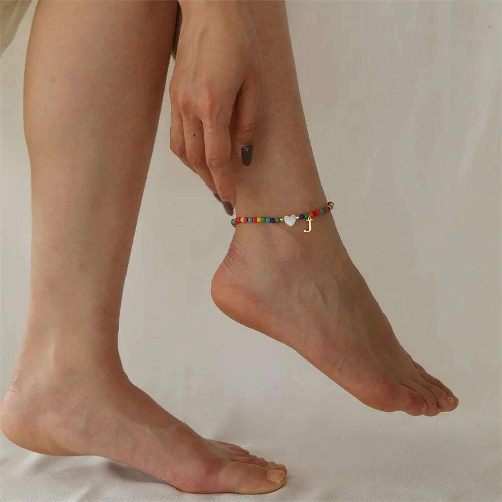 Rainbow Round Beads Anklet Stainless Steel Love Heart 26 Letters A-Z Pendant Anklets For Women Boho Gold Color Ankle Bracelet - KIMLUD