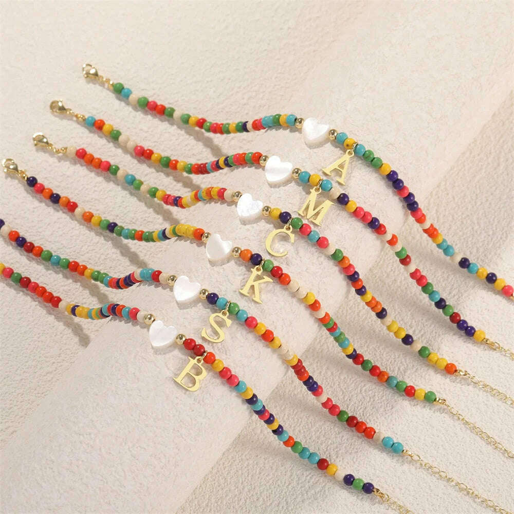 Rainbow Round Beads Anklet Stainless Steel Love Heart 26 Letters A-Z Pendant Anklets For Women Boho Gold Color Ankle Bracelet - KIMLUD