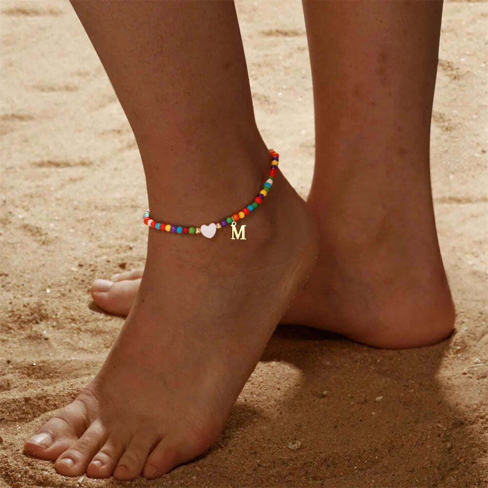 Rainbow Round Beads Anklet Stainless Steel Love Heart 26 Letters A-Z Pendant Anklets For Women Boho Gold Color Ankle Bracelet - KIMLUD