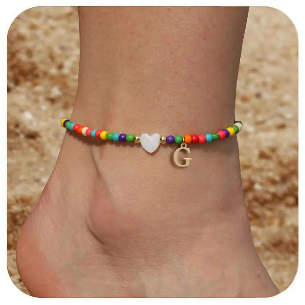Rainbow Round Beads Anklet Stainless Steel Love Heart 26 Letters A-Z Pendant Anklets For Women Boho Gold Color Ankle Bracelet - KIMLUD