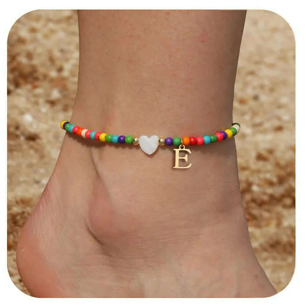 Rainbow Round Beads Anklet Stainless Steel Love Heart 26 Letters A-Z Pendant Anklets For Women Boho Gold Color Ankle Bracelet - KIMLUD