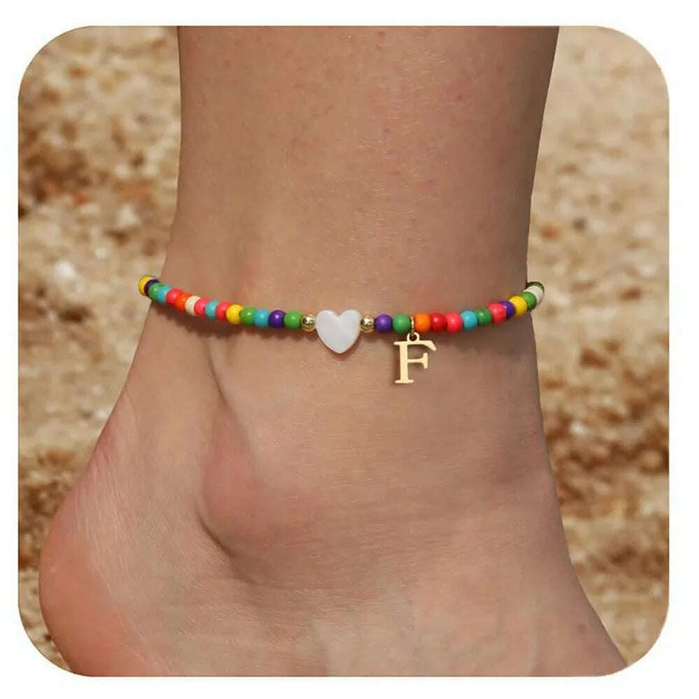 Rainbow Round Beads Anklet Stainless Steel Love Heart 26 Letters A-Z Pendant Anklets For Women Boho Gold Color Ankle Bracelet - KIMLUD