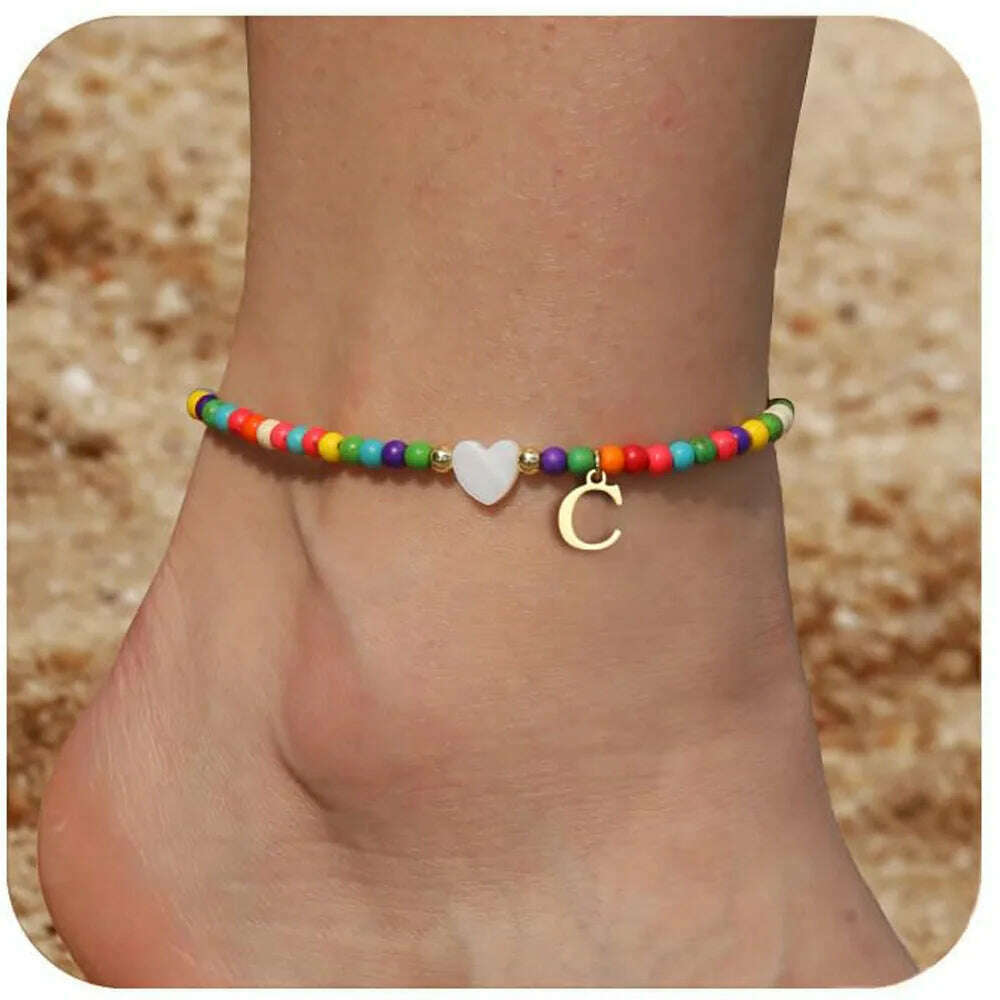 Rainbow Round Beads Anklet Stainless Steel Love Heart 26 Letters A-Z Pendant Anklets For Women Boho Gold Color Ankle Bracelet - KIMLUD