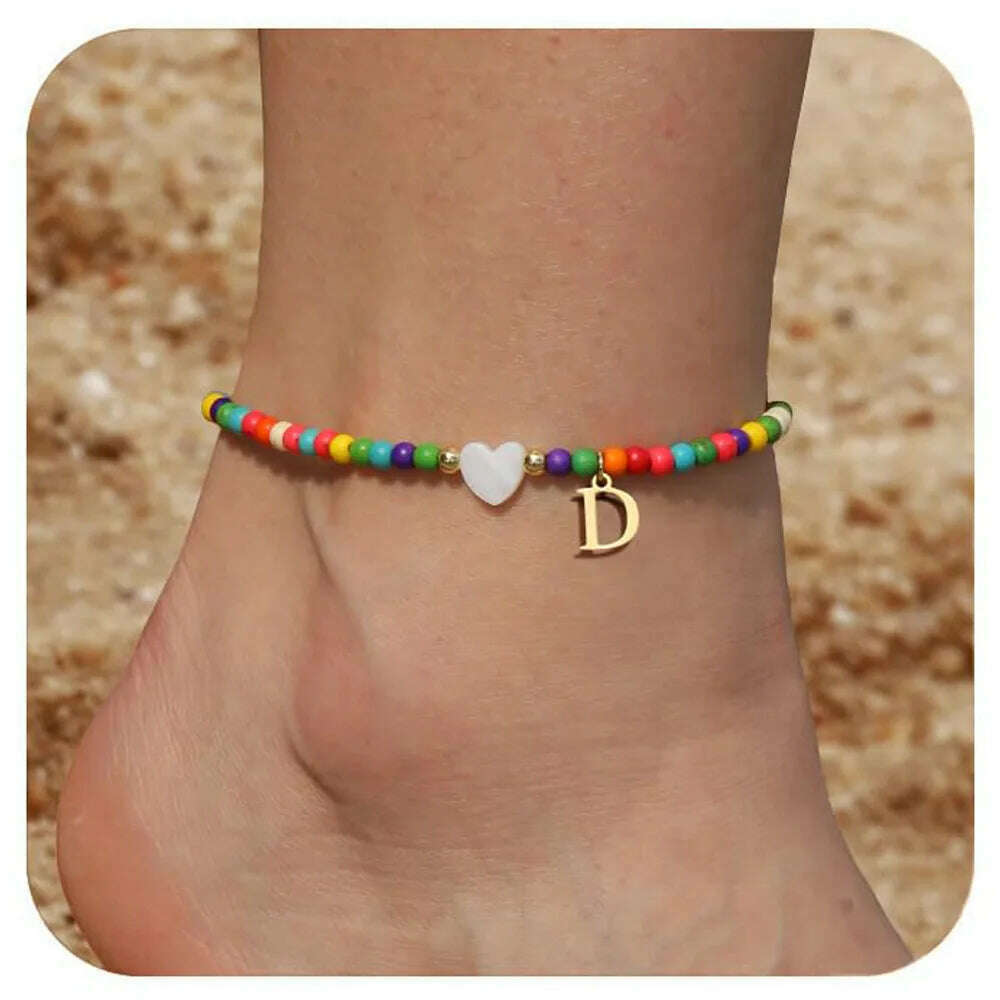 Rainbow Round Beads Anklet Stainless Steel Love Heart 26 Letters A-Z Pendant Anklets For Women Boho Gold Color Ankle Bracelet - KIMLUD