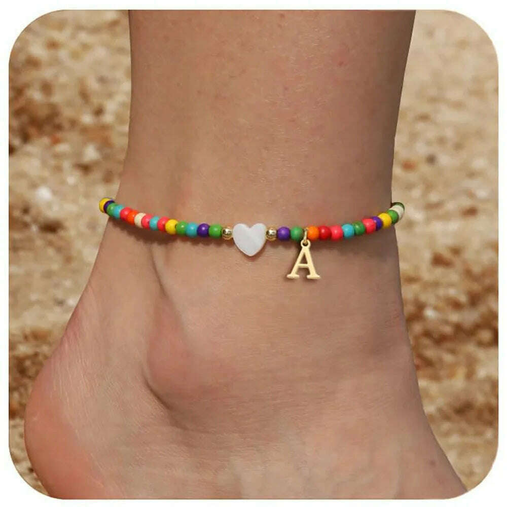 Rainbow Round Beads Anklet Stainless Steel Love Heart 26 Letters A-Z Pendant Anklets For Women Boho Gold Color Ankle Bracelet - KIMLUD