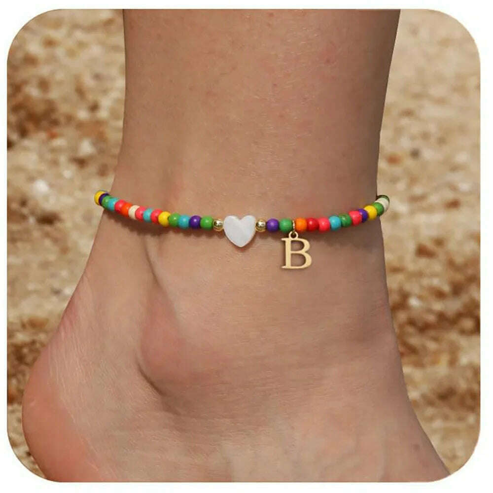 Rainbow Round Beads Anklet Stainless Steel Love Heart 26 Letters A-Z Pendant Anklets For Women Boho Gold Color Ankle Bracelet - KIMLUD