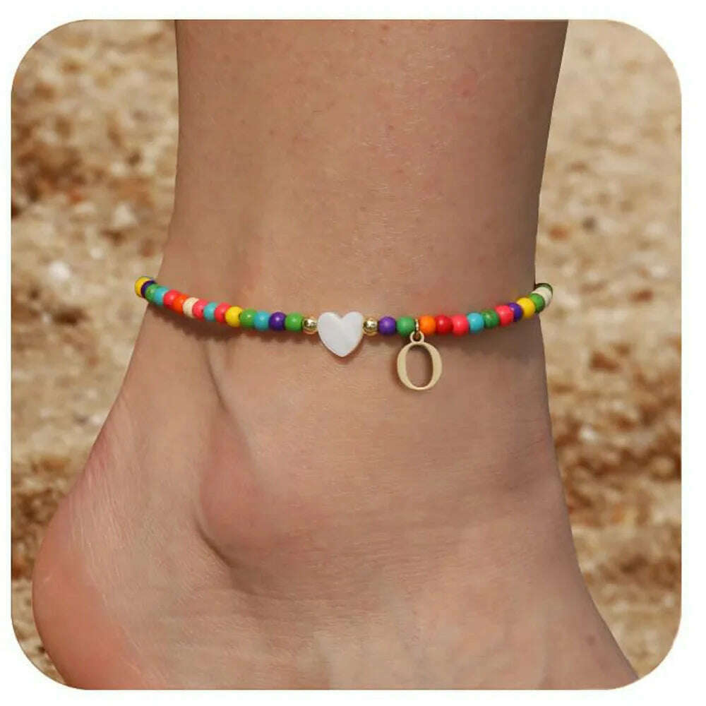 Rainbow Round Beads Anklet Stainless Steel Love Heart 26 Letters A-Z Pendant Anklets For Women Boho Gold Color Ankle Bracelet - KIMLUD
