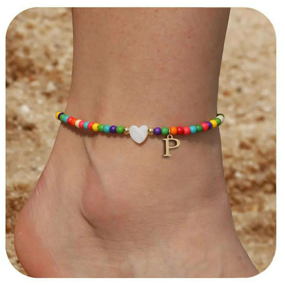 Rainbow Round Beads Anklet Stainless Steel Love Heart 26 Letters A-Z Pendant Anklets For Women Boho Gold Color Ankle Bracelet - KIMLUD