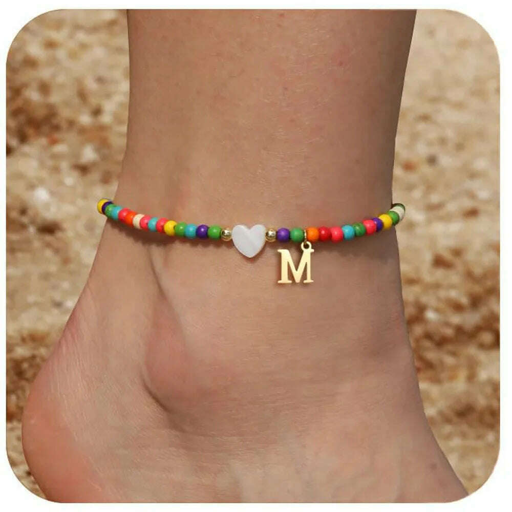 Rainbow Round Beads Anklet Stainless Steel Love Heart 26 Letters A-Z Pendant Anklets For Women Boho Gold Color Ankle Bracelet - KIMLUD