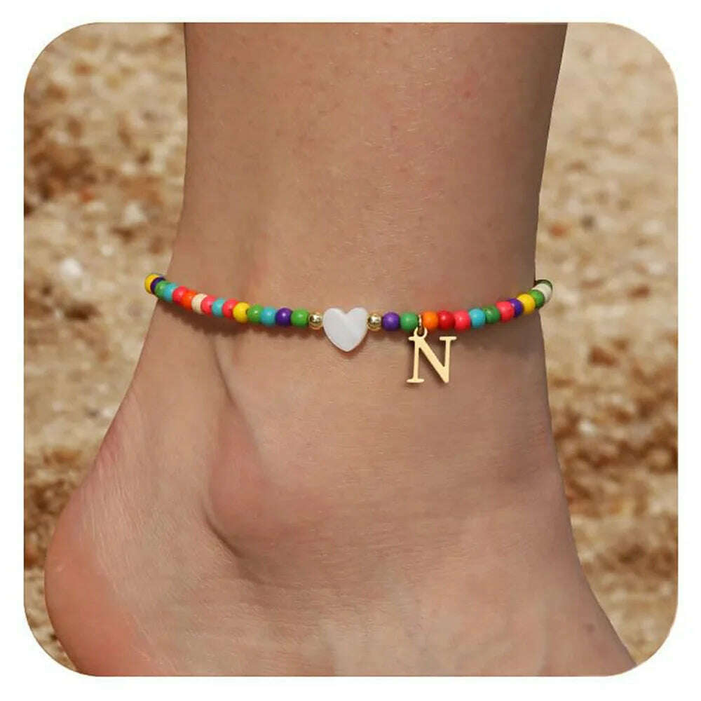 Rainbow Round Beads Anklet Stainless Steel Love Heart 26 Letters A-Z Pendant Anklets For Women Boho Gold Color Ankle Bracelet - KIMLUD