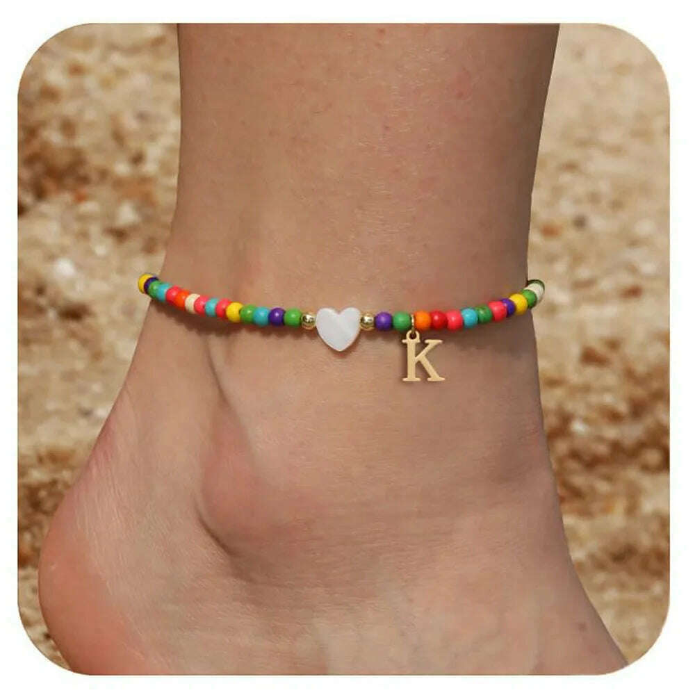 Rainbow Round Beads Anklet Stainless Steel Love Heart 26 Letters A-Z Pendant Anklets For Women Boho Gold Color Ankle Bracelet - KIMLUD