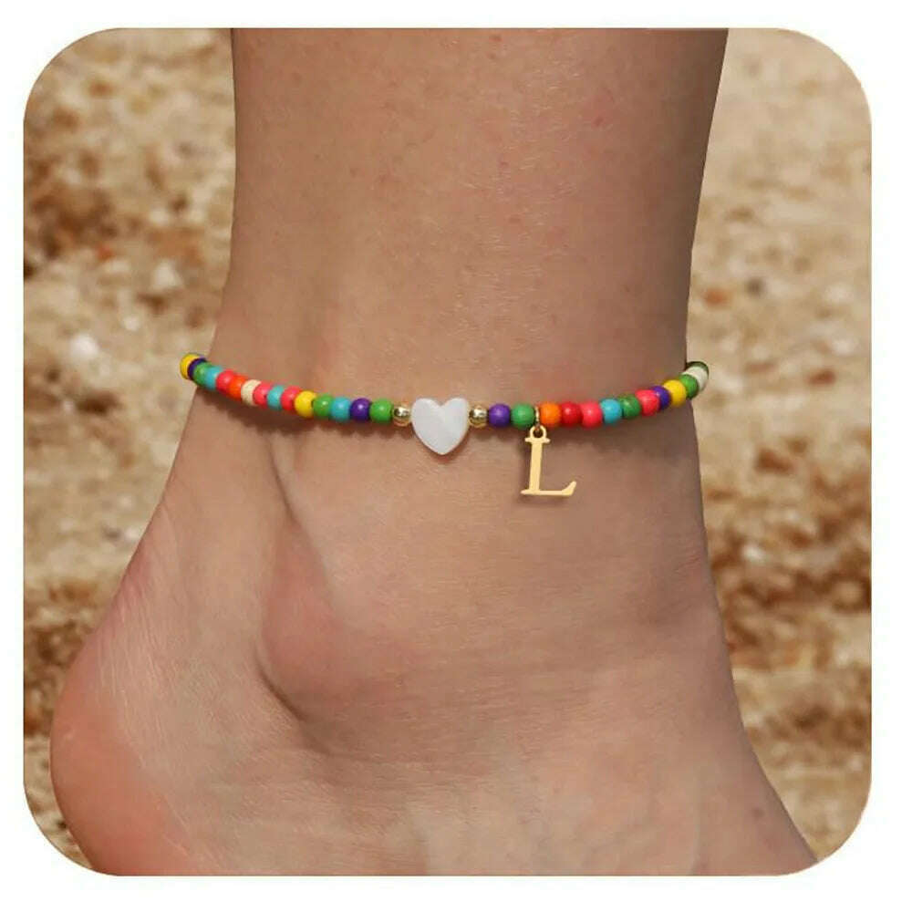 Rainbow Round Beads Anklet Stainless Steel Love Heart 26 Letters A-Z Pendant Anklets For Women Boho Gold Color Ankle Bracelet - KIMLUD