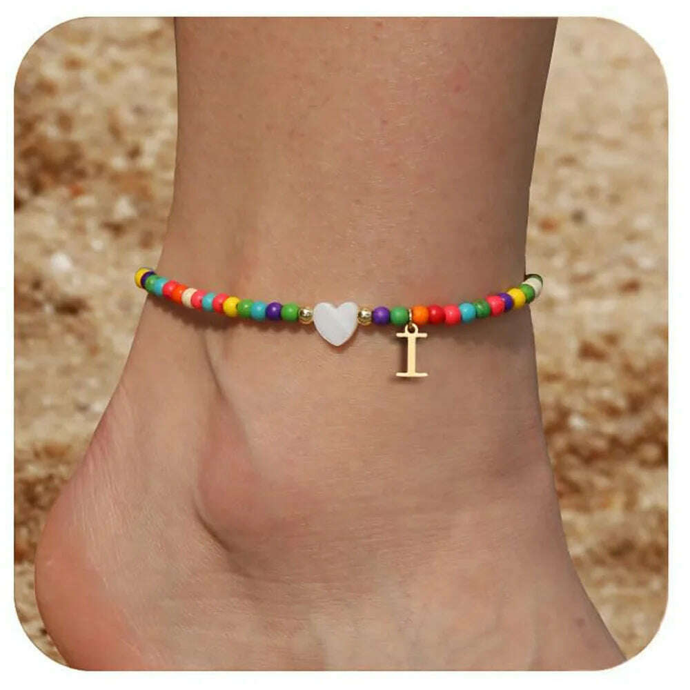 Rainbow Round Beads Anklet Stainless Steel Love Heart 26 Letters A-Z Pendant Anklets For Women Boho Gold Color Ankle Bracelet - KIMLUD