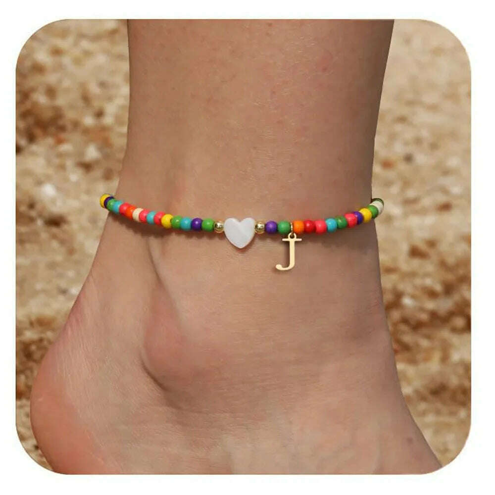 Rainbow Round Beads Anklet Stainless Steel Love Heart 26 Letters A-Z Pendant Anklets For Women Boho Gold Color Ankle Bracelet - KIMLUD