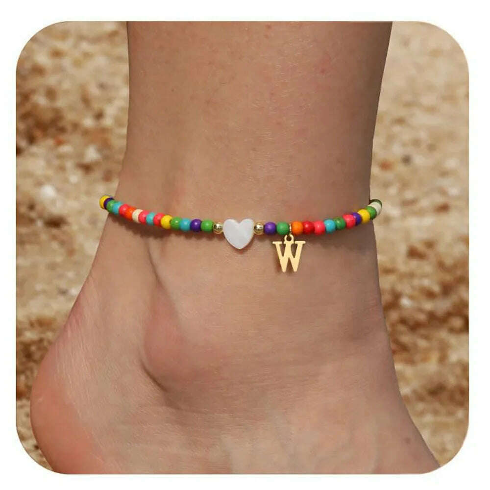 Rainbow Round Beads Anklet Stainless Steel Love Heart 26 Letters A-Z Pendant Anklets For Women Boho Gold Color Ankle Bracelet - KIMLUD