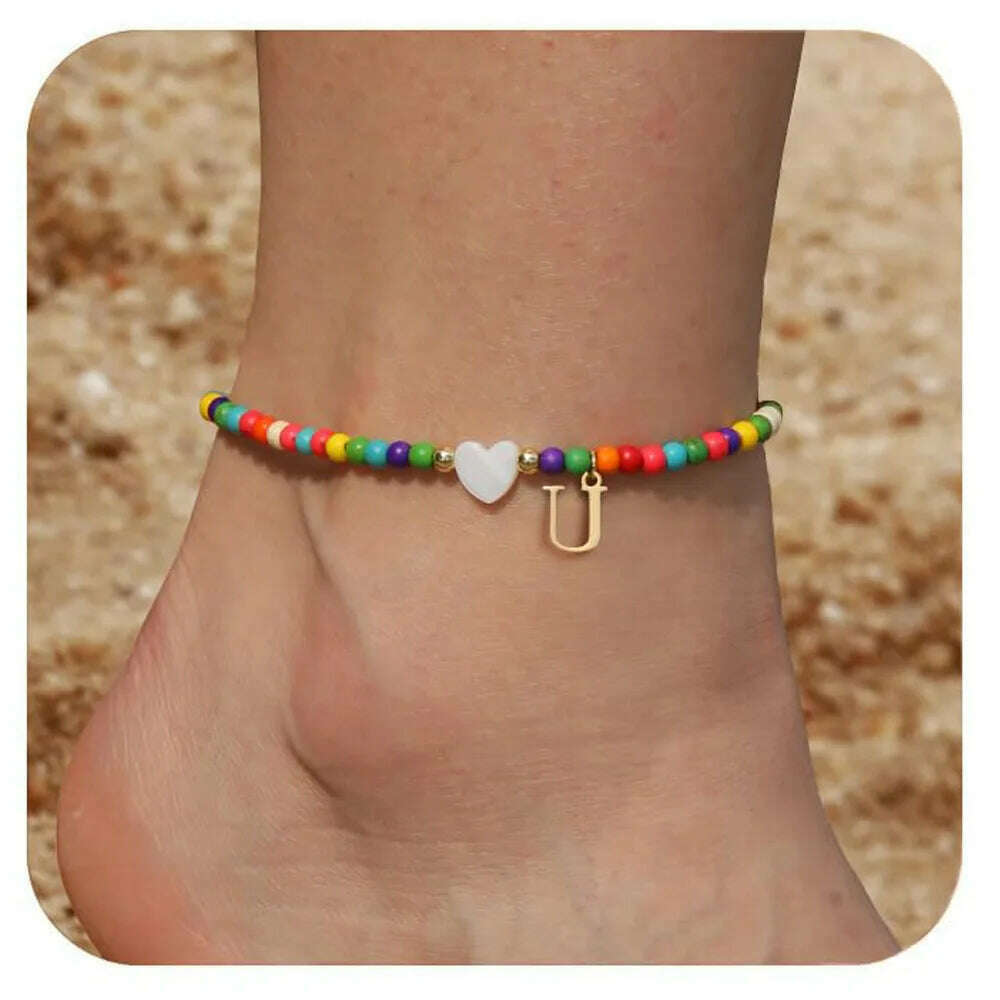 Rainbow Round Beads Anklet Stainless Steel Love Heart 26 Letters A-Z Pendant Anklets For Women Boho Gold Color Ankle Bracelet - KIMLUD