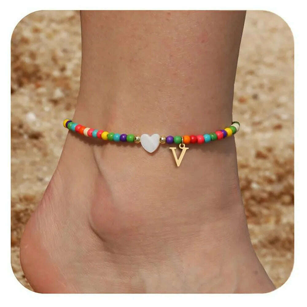 Rainbow Round Beads Anklet Stainless Steel Love Heart 26 Letters A-Z Pendant Anklets For Women Boho Gold Color Ankle Bracelet - KIMLUD