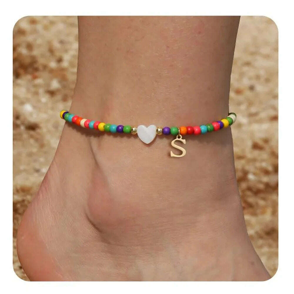 Rainbow Round Beads Anklet Stainless Steel Love Heart 26 Letters A-Z Pendant Anklets For Women Boho Gold Color Ankle Bracelet - KIMLUD