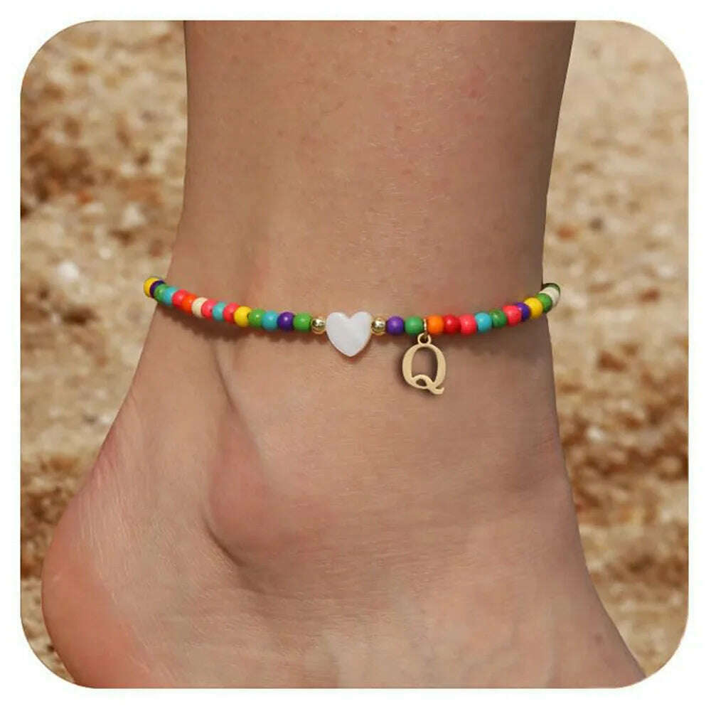Rainbow Round Beads Anklet Stainless Steel Love Heart 26 Letters A-Z Pendant Anklets For Women Boho Gold Color Ankle Bracelet - KIMLUD